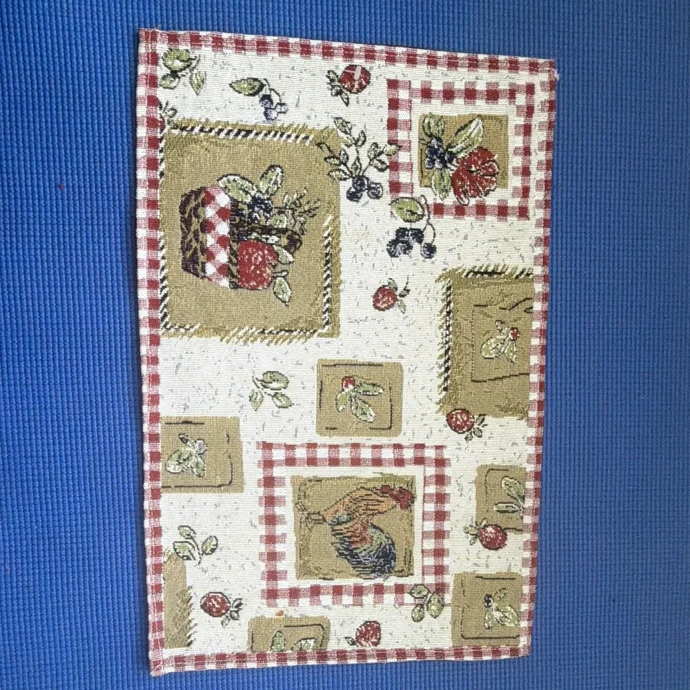 Set of 8 Tapestry Farm Rooster Fruit Basket/count Rooster Red Gingham Placemats
